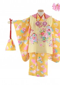 七五三 3歳女の子用被布[Childoll]クリームにバラ(着物)黄色にハートとバラNo.64V